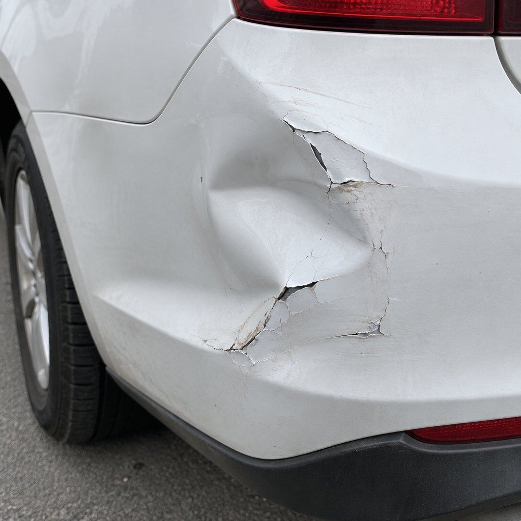 Illustration: a dent with cracked paint on a bumper