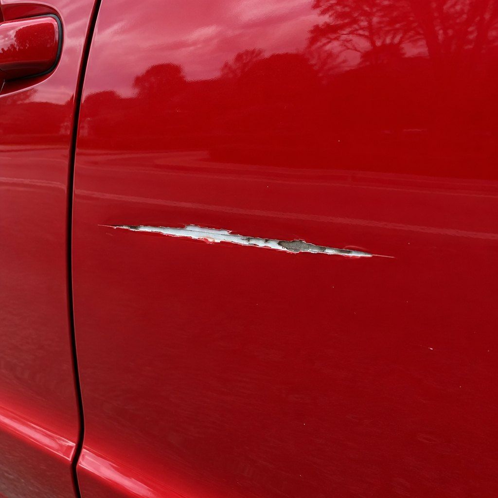 Illustration: a deep scratch showing primer on a red door