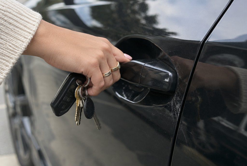 Illustration: a hand with rings and keys at a car door handle
