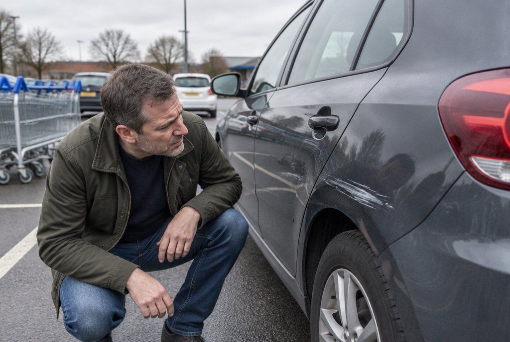 Illustration: a driver checking a trolley scuff on his car door in a supermarket car park
